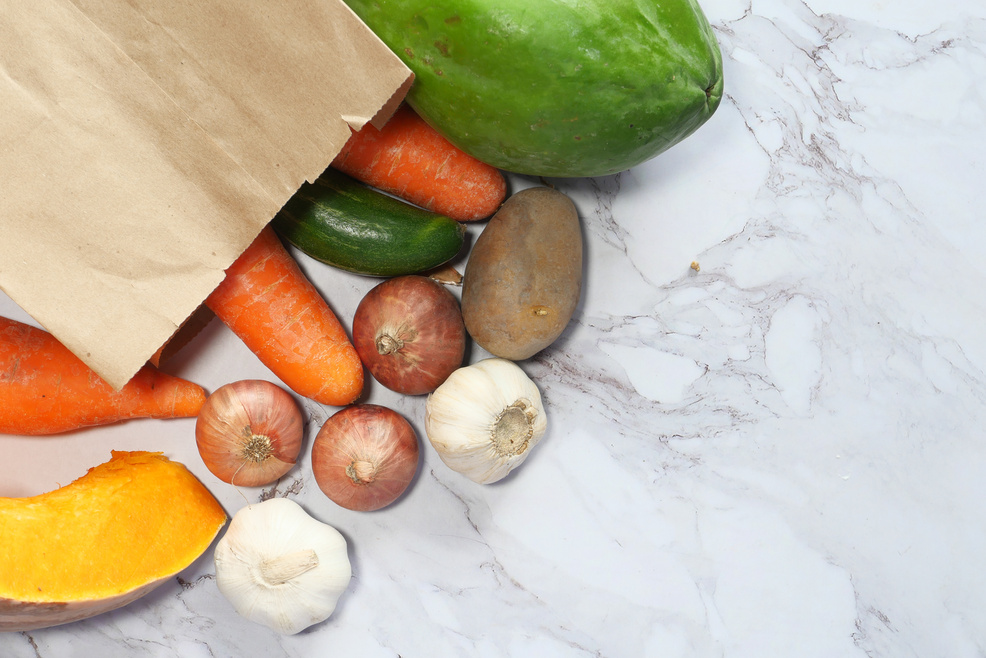 Assorted Vegetables with Paper Bag Vegetables on White Background